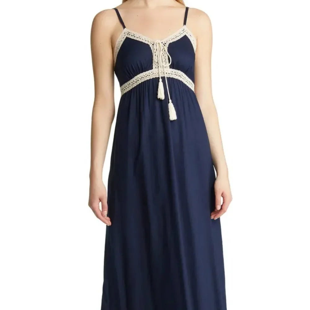NWT 1. State Classic Navy Maxi Dress Crochet Tassel Trim‎ Boho Sleeveless Small